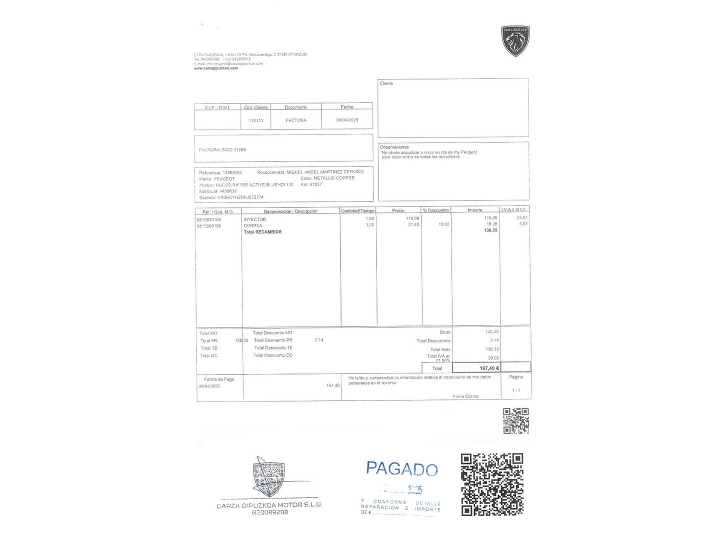 Foto del mantenimiento del Peugeot Rifter Peugeot Rifter BlueHDi 130 S&S Active Long EAT8 (130 CV)
