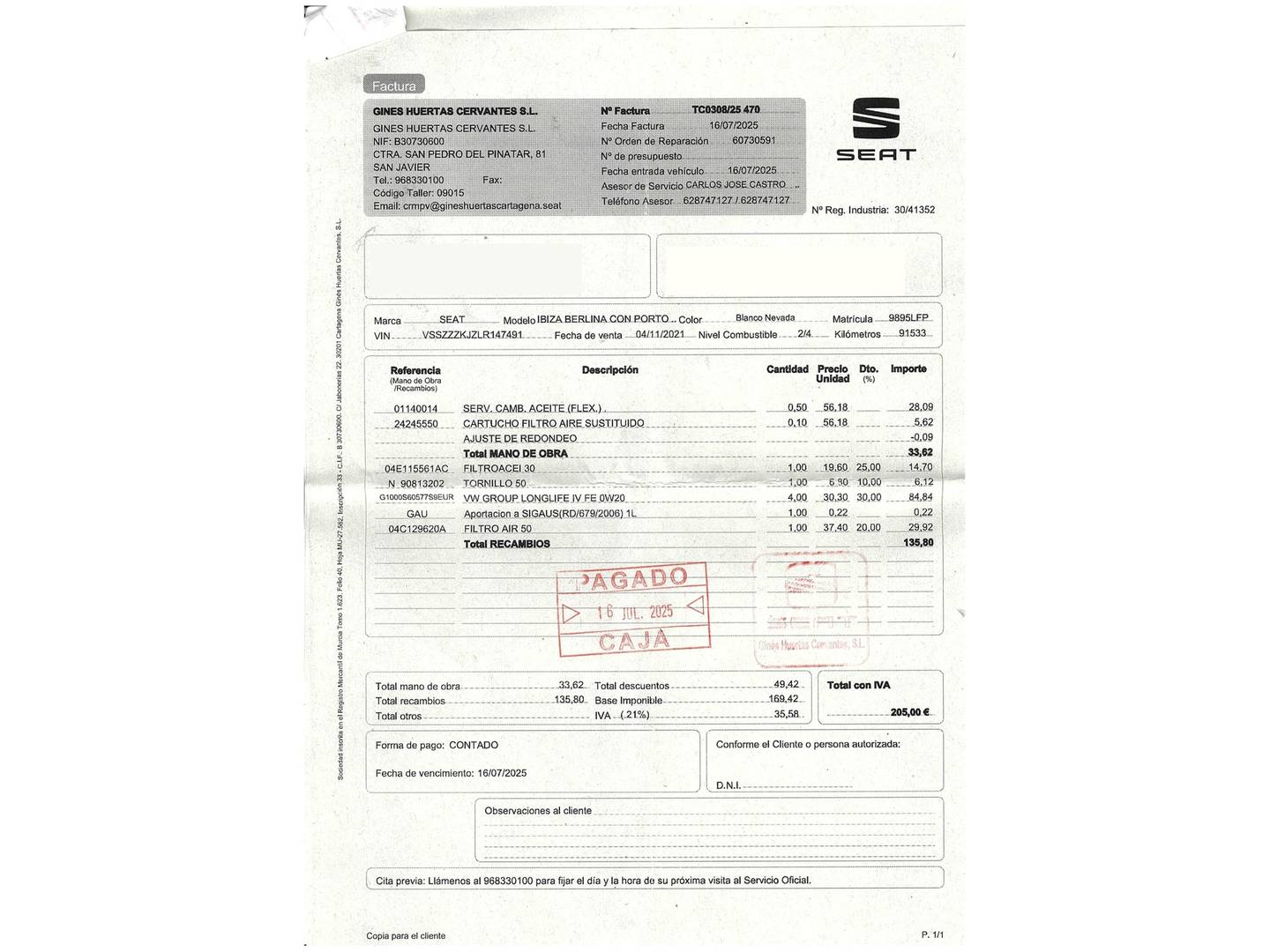 Foto del mantenimiento del Seat Ibiza Seat Ibiza 1.0 TSI S&S Style (115 CV)