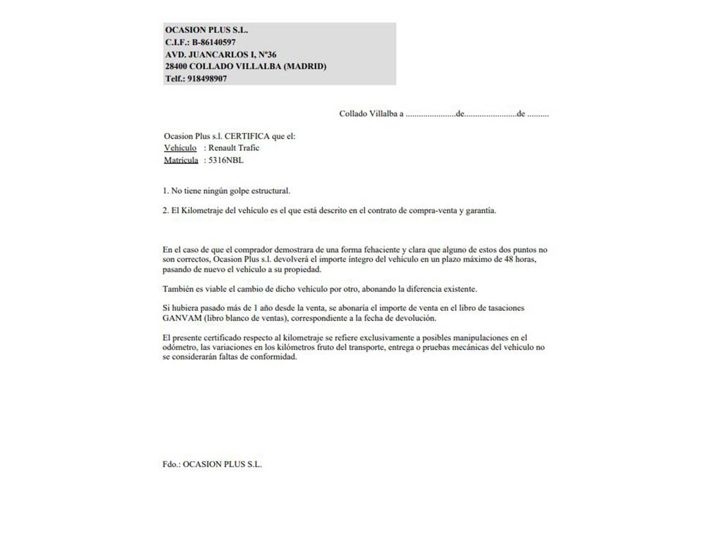 Foto del certificado del Renault Trafic Renault Trafic Furgon Furgon L2H1 Blue dCi (130 CV)