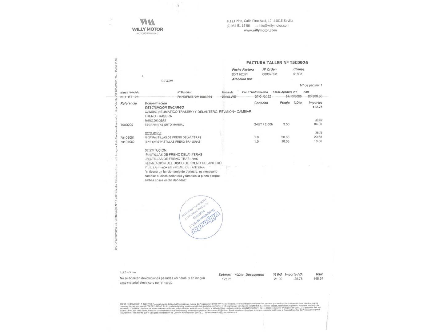 Foto del mantenimiento del NIU MQi GT NIU MQi GT L3 4kWh EXTENDIDA (5 CV)