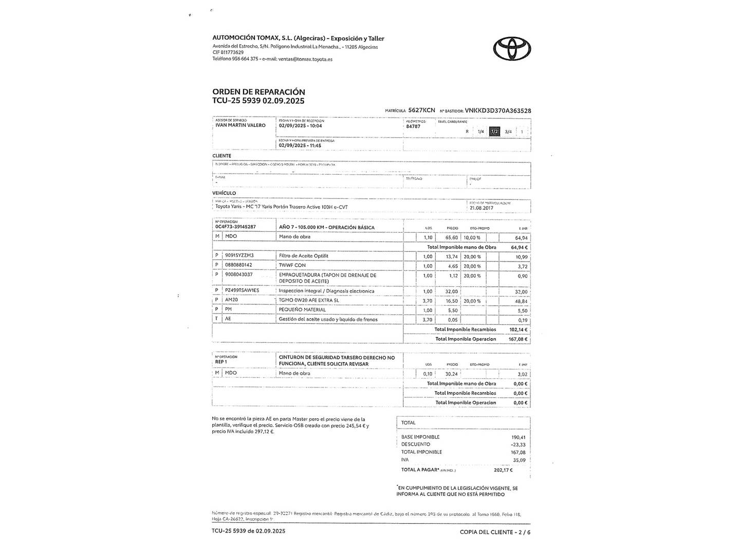 Foto del mantenimiento del Toyota Yaris Toyota Yaris 1.5 Hybrid Active (100 CV)