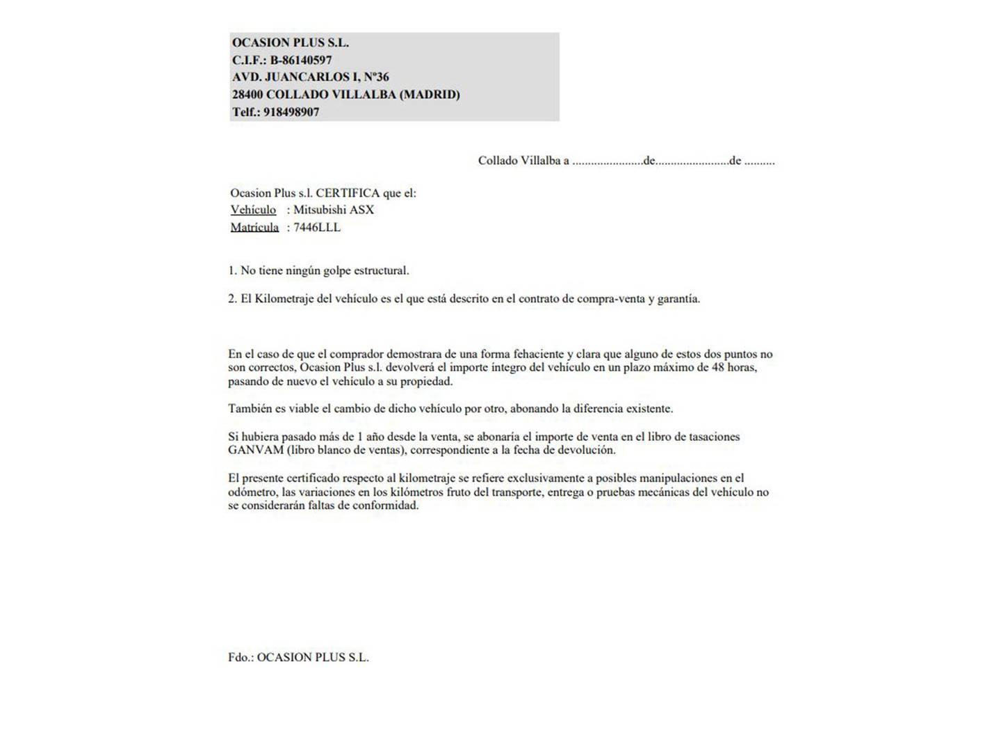 Foto del certificado del Mitsubishi ASX Mitsubishi ASX 200 MPI Spirit (150 CV)