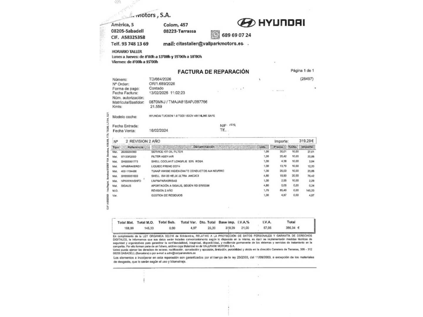 Foto del mantenimiento del Hyundai Tucson Hyundai Tucson 1.6 TGDI 48V N-Line 4X2 (150 CV)