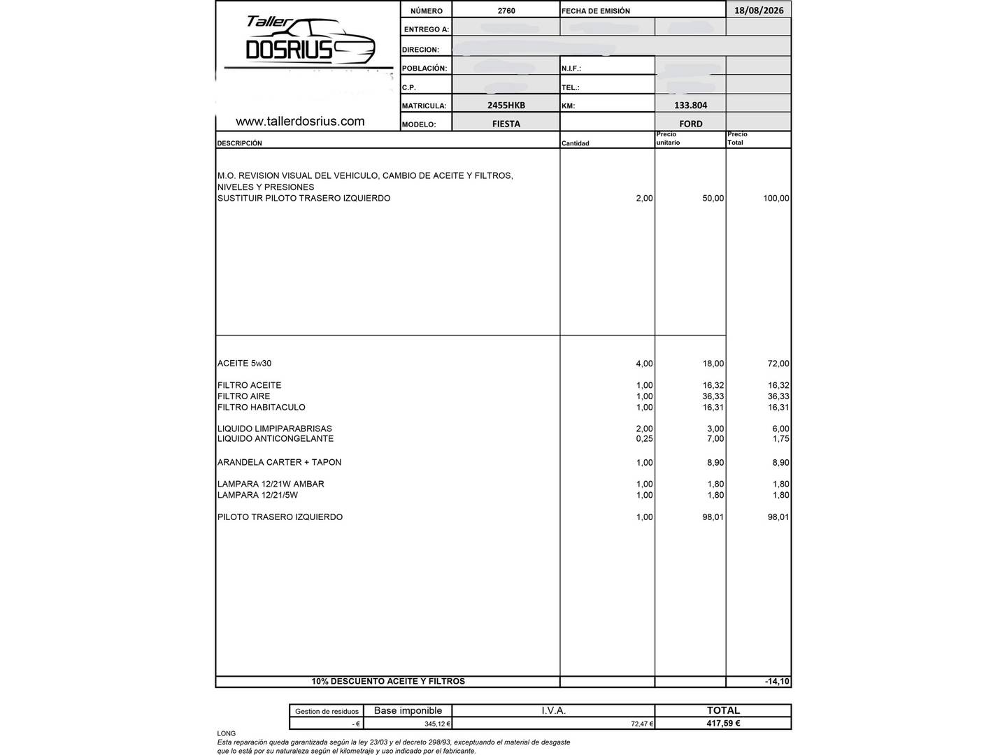 Foto del mantenimiento del Ford Fiesta Ford Fiesta 1.25 Trend (82 CV)