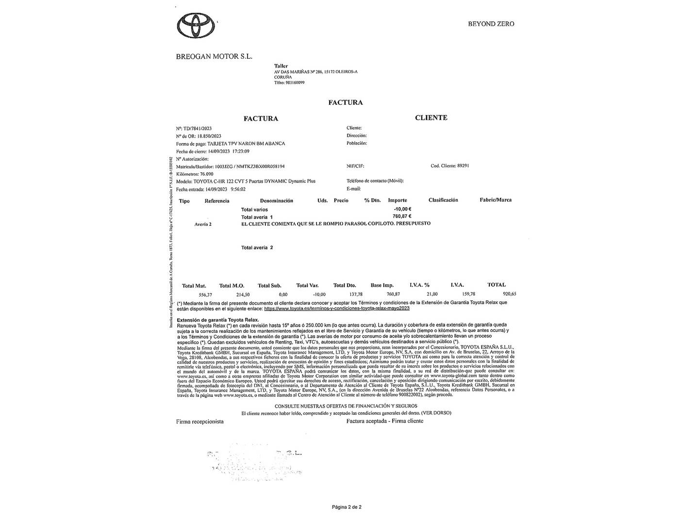 Foto del mantenimiento del Toyota C-HR Toyota C-HR 1.8 125H Advance (122 CV)