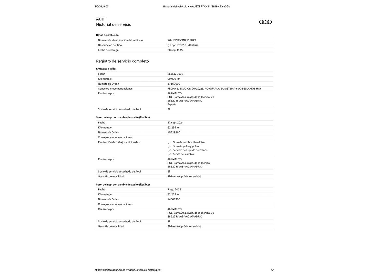 Foto del mantenimiento del Audi Q5 SPORTBACK Audi Q5 Sportback Advanced 40 TDI quattro-ultra (204 CV) S tronic