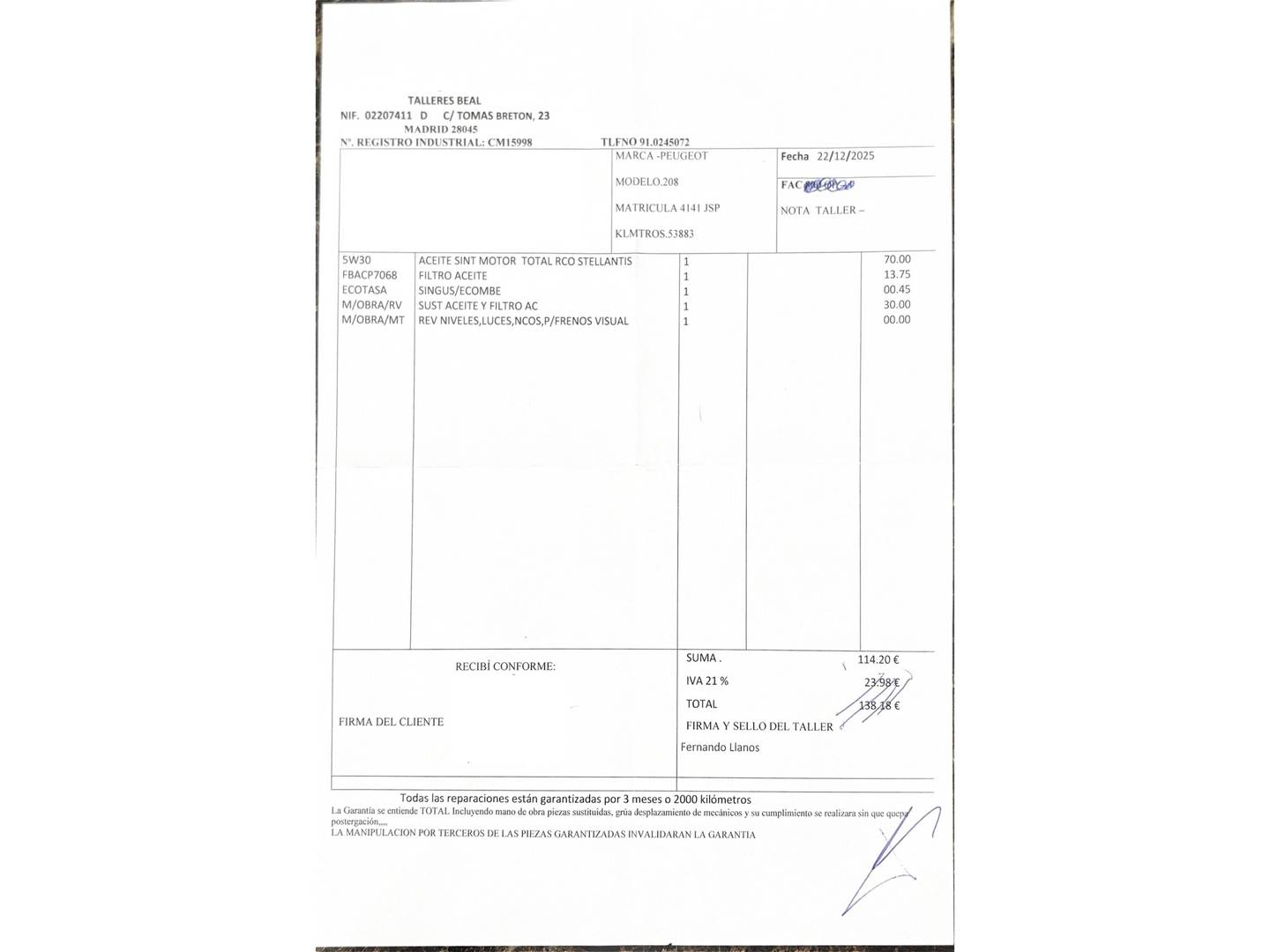 Foto del mantenimiento del Peugeot 208 Peugeot 208 PureTech 82 Style (82 CV)