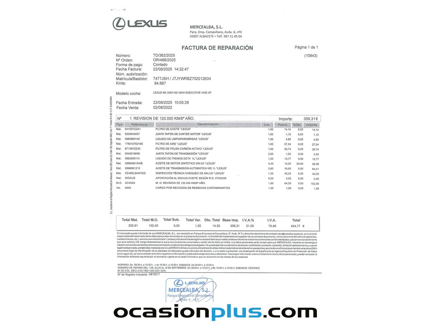 Foto del mantenimiento del Lexus NX Lexus NX 300h Corporate 2WD + Navibox (197 CV)