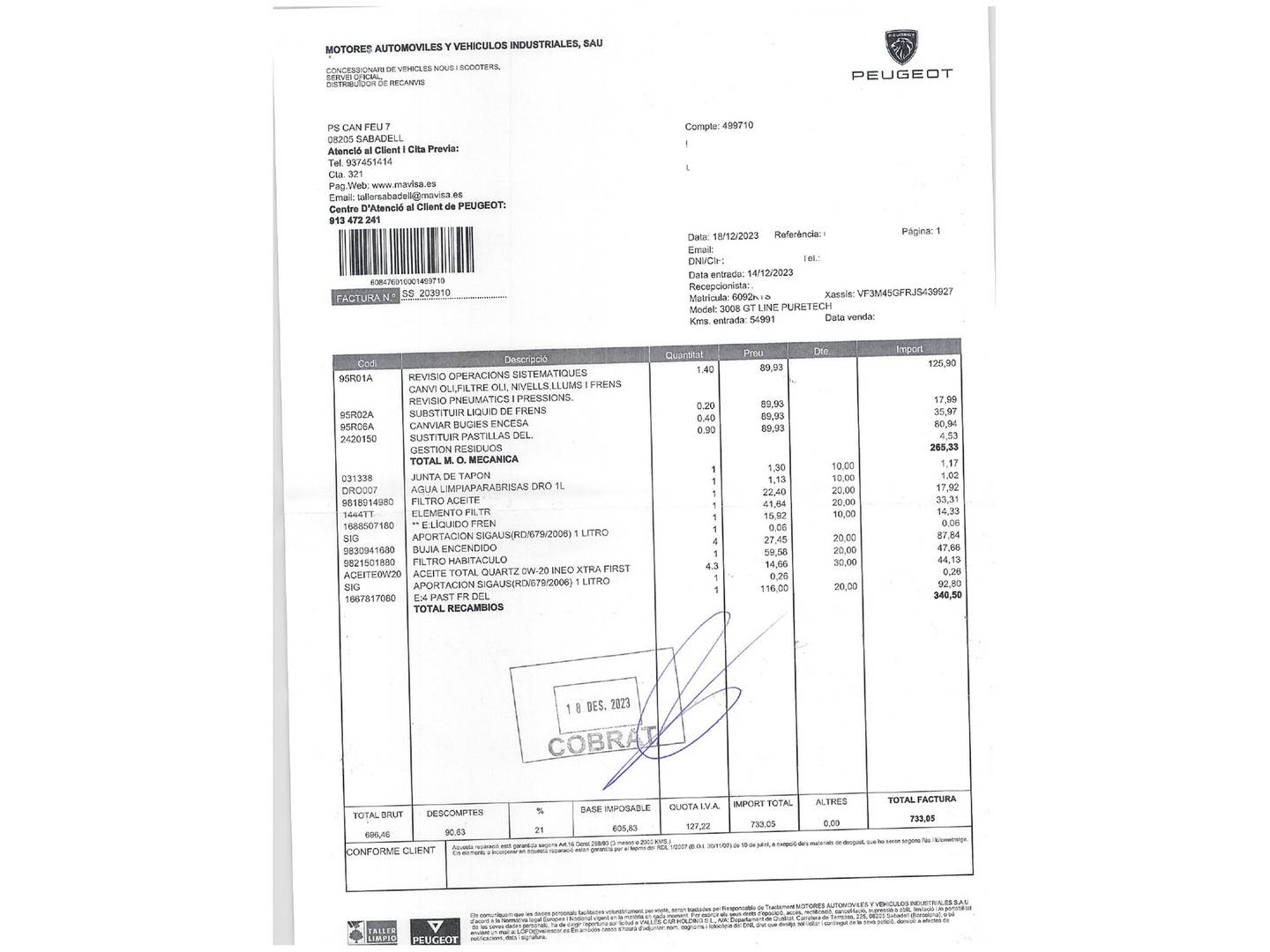 Foto del mantenimiento del Peugeot 3008 Peugeot 3008 PureTech 180 GT Line EAT8 (180 CV)