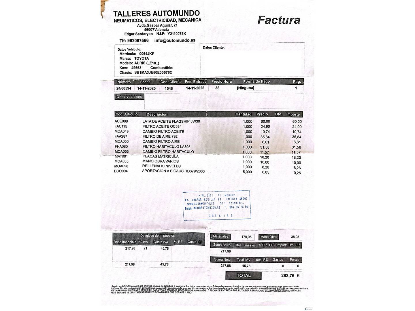 Foto del mantenimiento del Toyota Auris Toyota Auris 120T Active (116 CV)