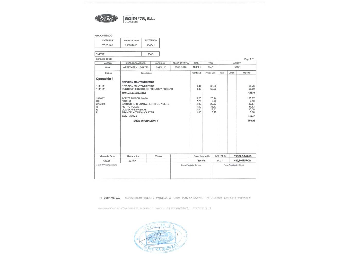 Foto del mantenimiento del Ford Puma Ford Puma 1.5 Ecoblue Titanium (120 CV)
