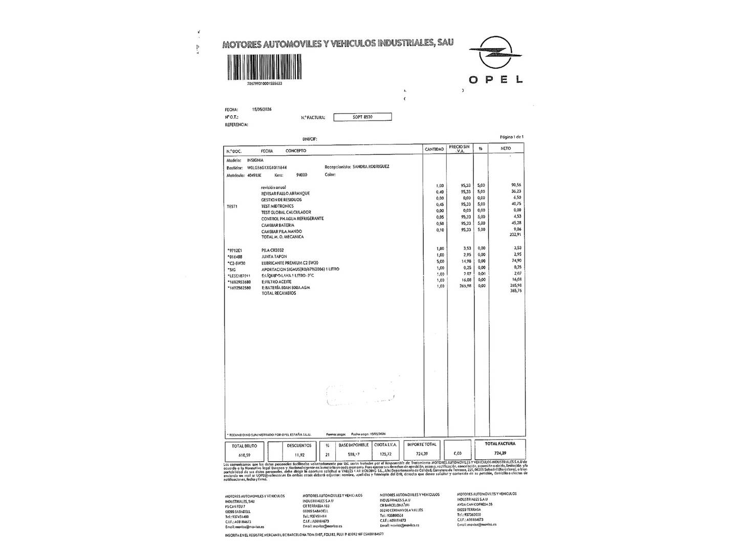 Foto del mantenimiento del Opel Insignia Opel Insignia 2.0 CDTI S&S Sportive (170 CV)