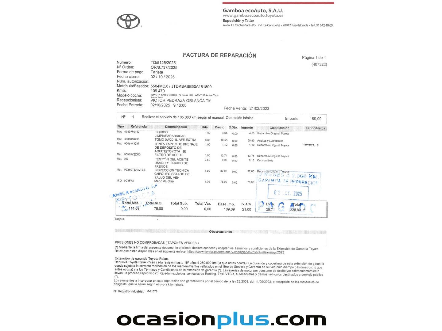 Foto del mantenimiento del Toyota Yaris Cross Toyota Yaris Cross 120H Active Tech (116 CV)