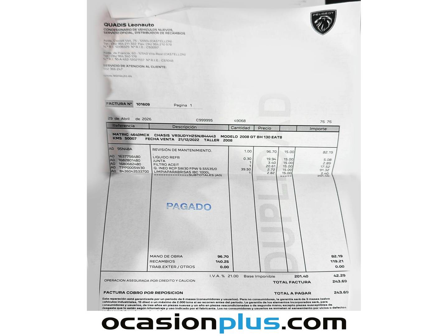 Foto del mantenimiento del Peugeot 2008 Peugeot 2008 BlueHDi 130 S&S GT EAT8 (130 CV)