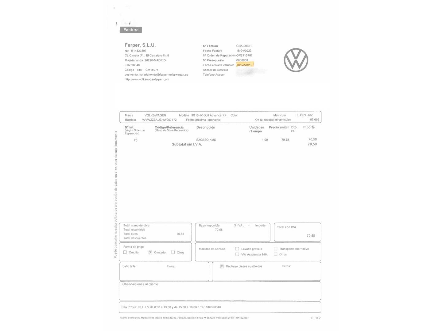 Foto del mantenimiento del Volkswagen Golf Volkswagen Golf Advance 1.4 TSI BMT (125 CV)