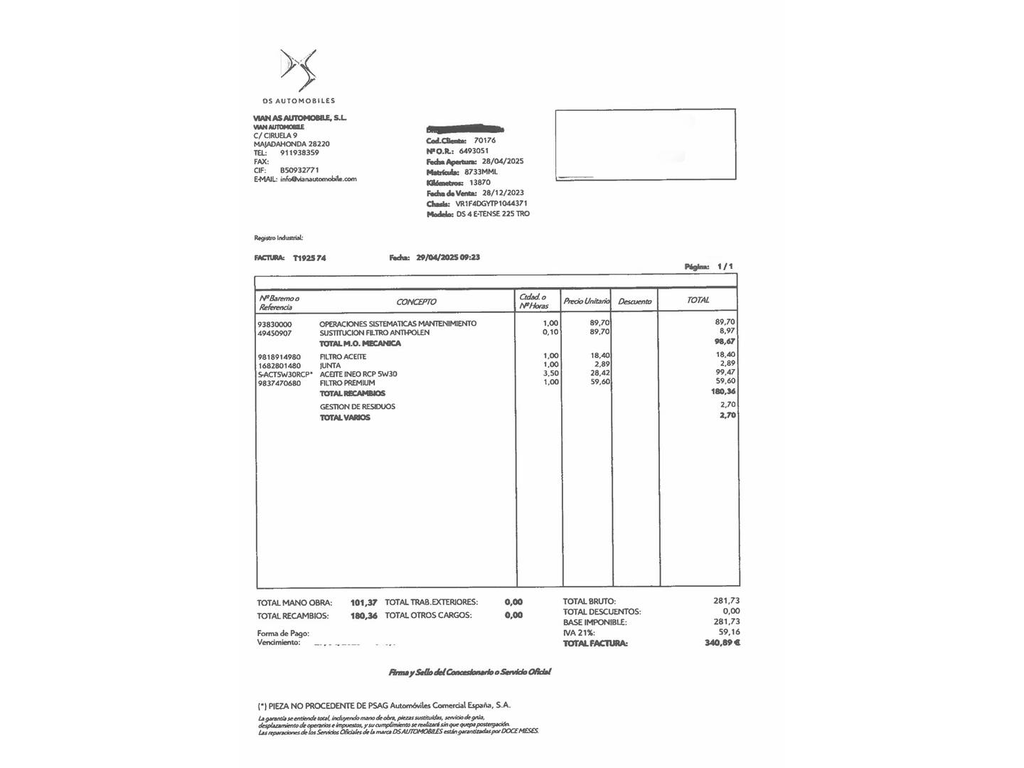 Foto del mantenimiento del DS DS 4 DS DS4 E-TENSE Trocadero  (225 CV)