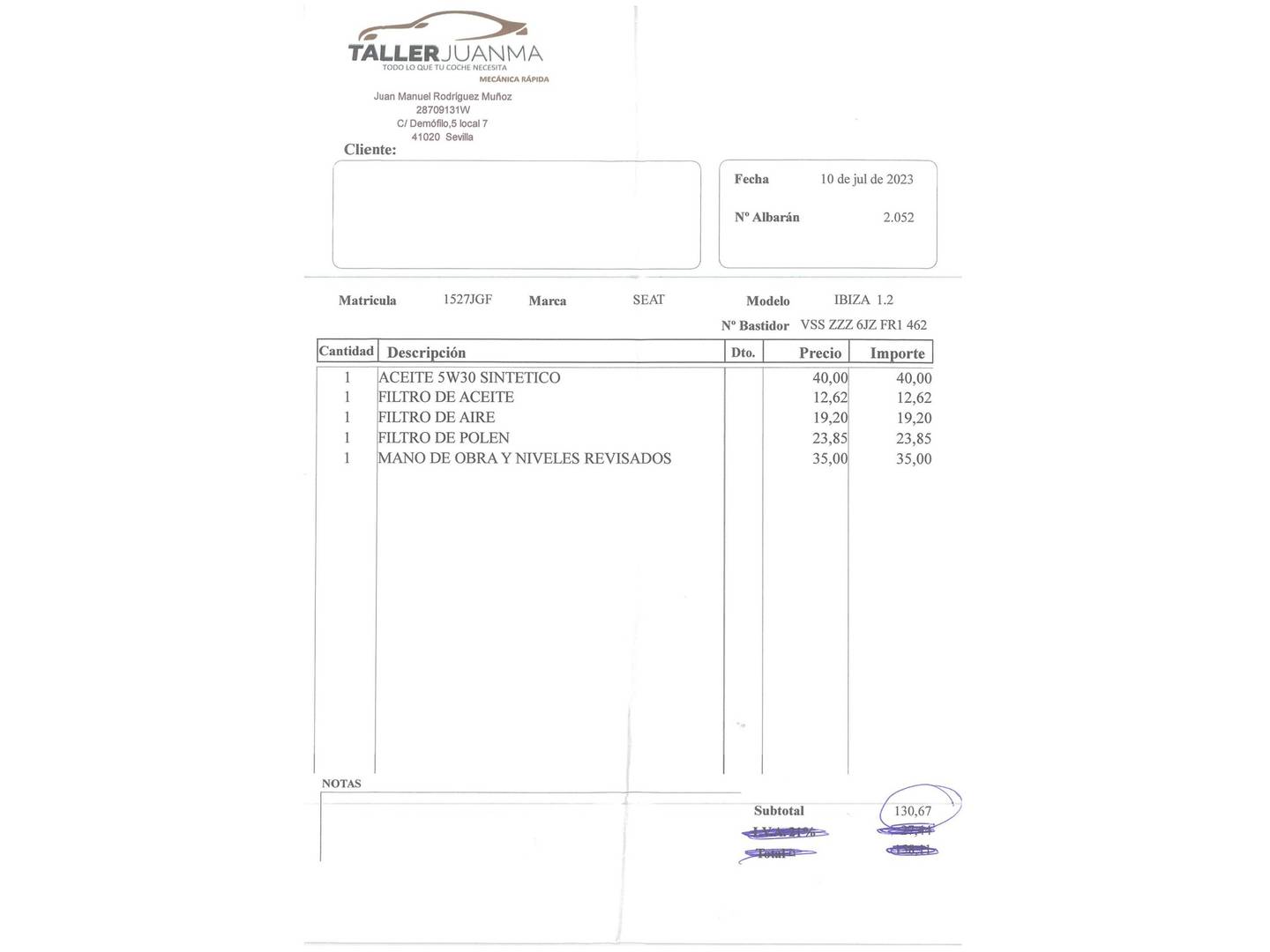 Foto del mantenimiento del Seat Ibiza Seat Ibiza SC 1.2 12v Reference (70 CV)