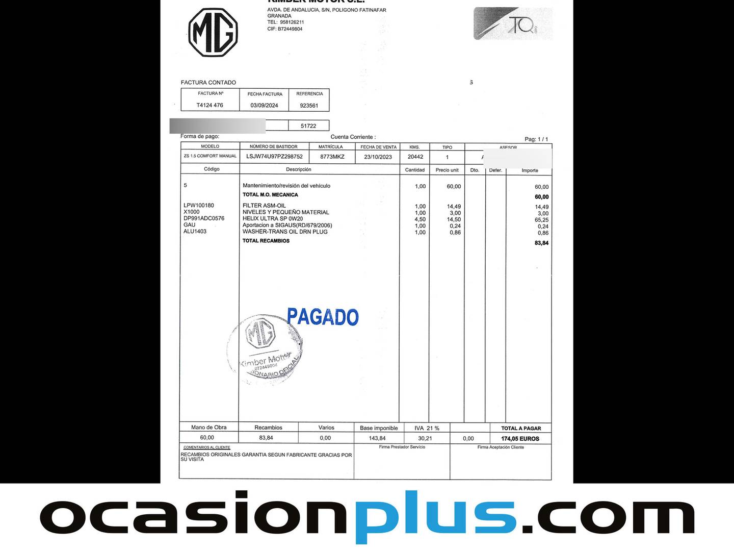 Foto del mantenimiento del MG ZS MG ZS 1.5 Comfort  (106 CV)