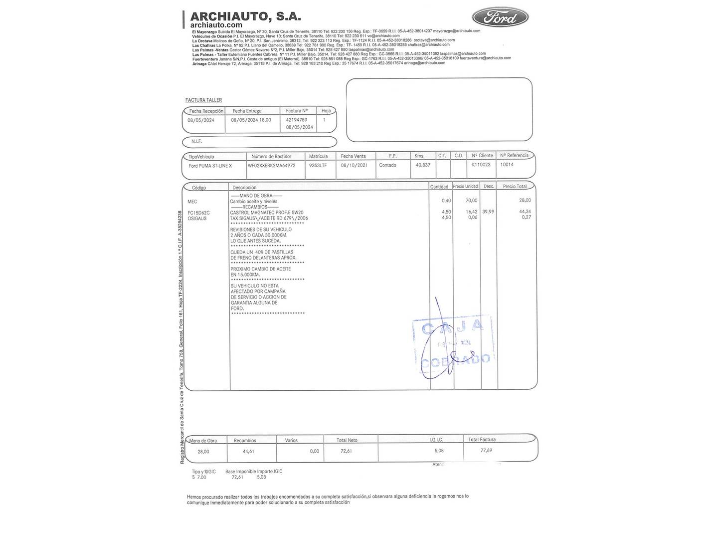 Foto del mantenimiento del Ford Puma Ford Puma 1.0 EcoBoost MHEV ST-Line X (125 CV)