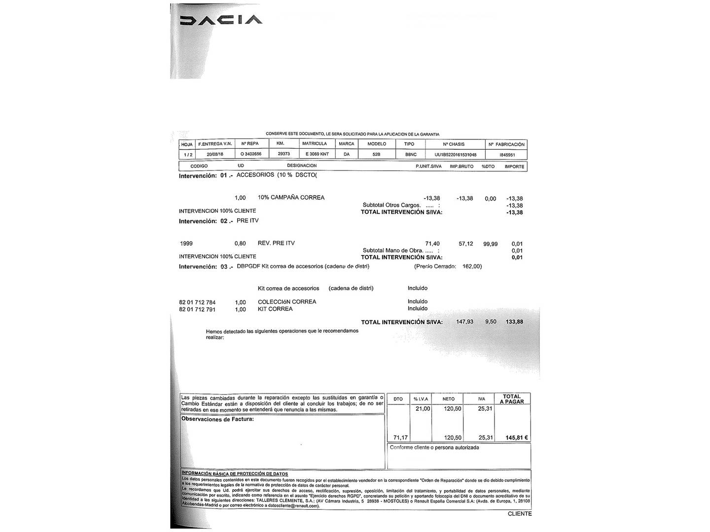 Foto del mantenimiento del Dacia Sandero Dacia Sandero Ambiance 1.0 (73 CV)