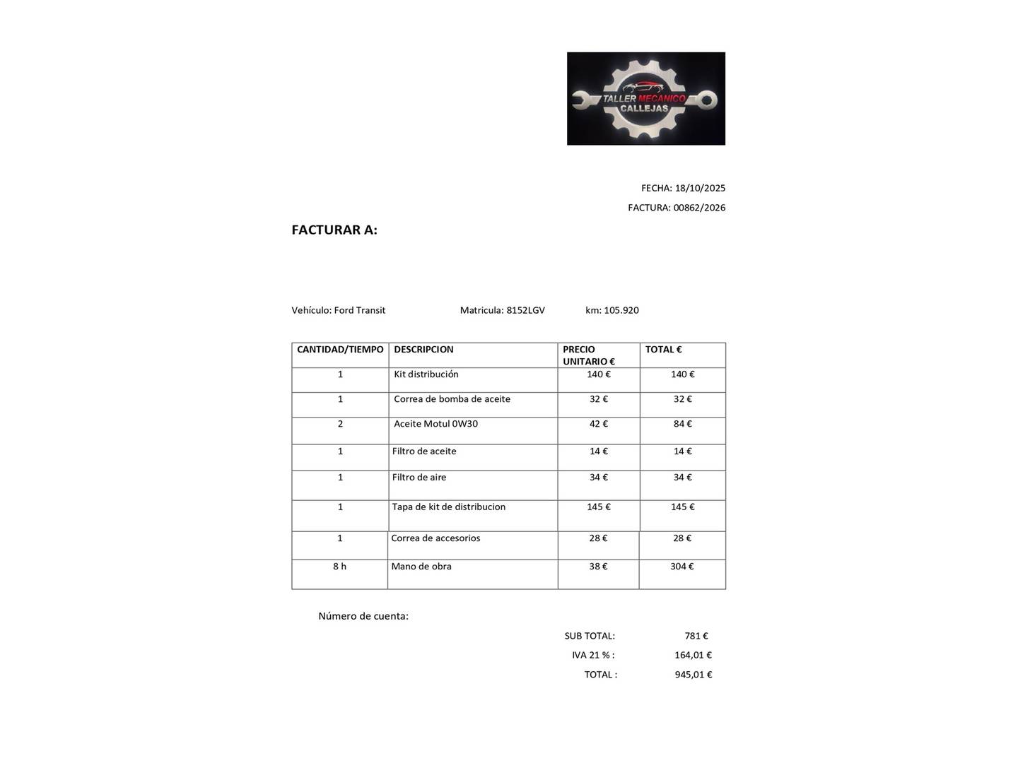 Foto del mantenimiento del Ford Transit Ford Transit Furgon 350 L2H2 Trend Delantera (130 CV)