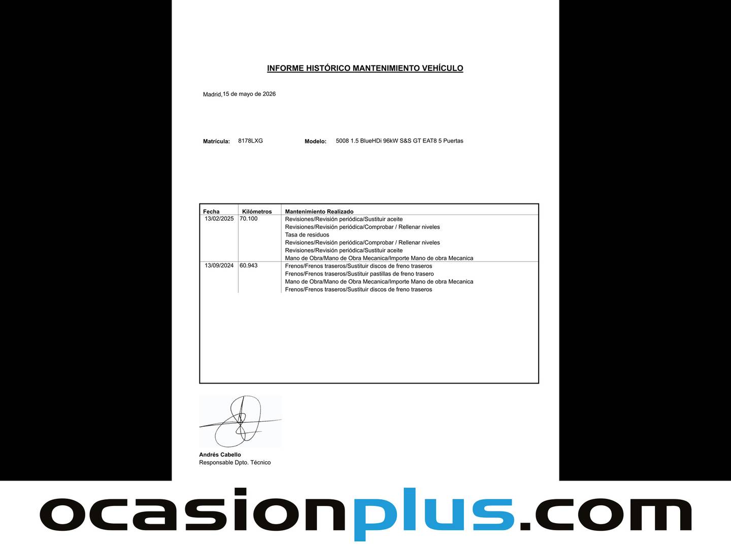 Foto del mantenimiento del Peugeot 5008 Peugeot 5008 BlueHDI 130 S&S GT EAT8 (130 CV) 7 PLAZAS