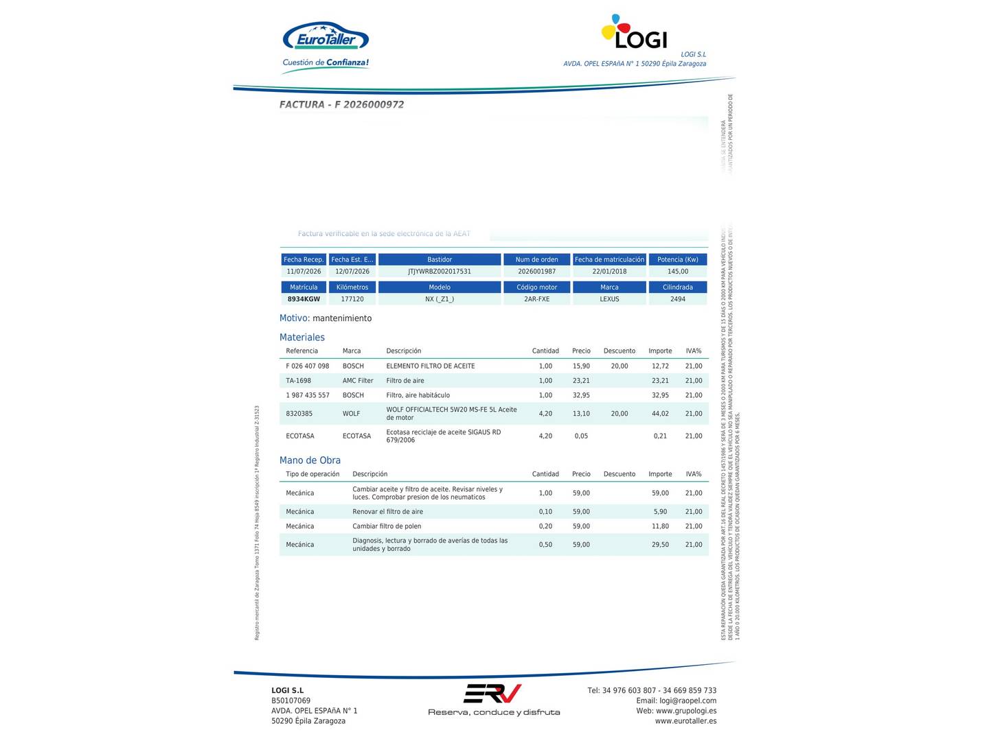 Foto del mantenimiento del Lexus NX Lexus NX 300h Business 2WD (197 CV)