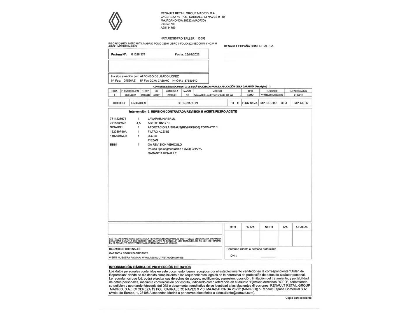 Foto del mantenimiento del Renault Arkana Renault Arkana RS Line E-Tech Híbrido (145 CV)