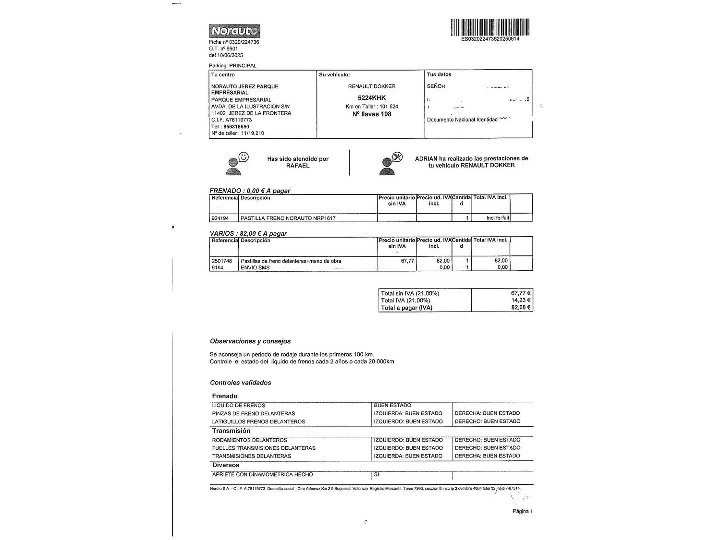 Foto del mantenimiento del Dacia Dokker Dacia Dokker dCi 90 SL Trotamundos (90 CV)