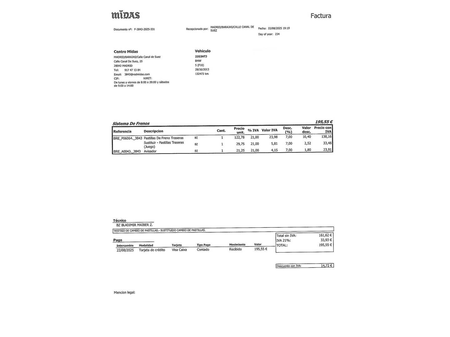 Foto del mantenimiento del BMW Serie 5 BMW Serie 5 520d (184 CV)