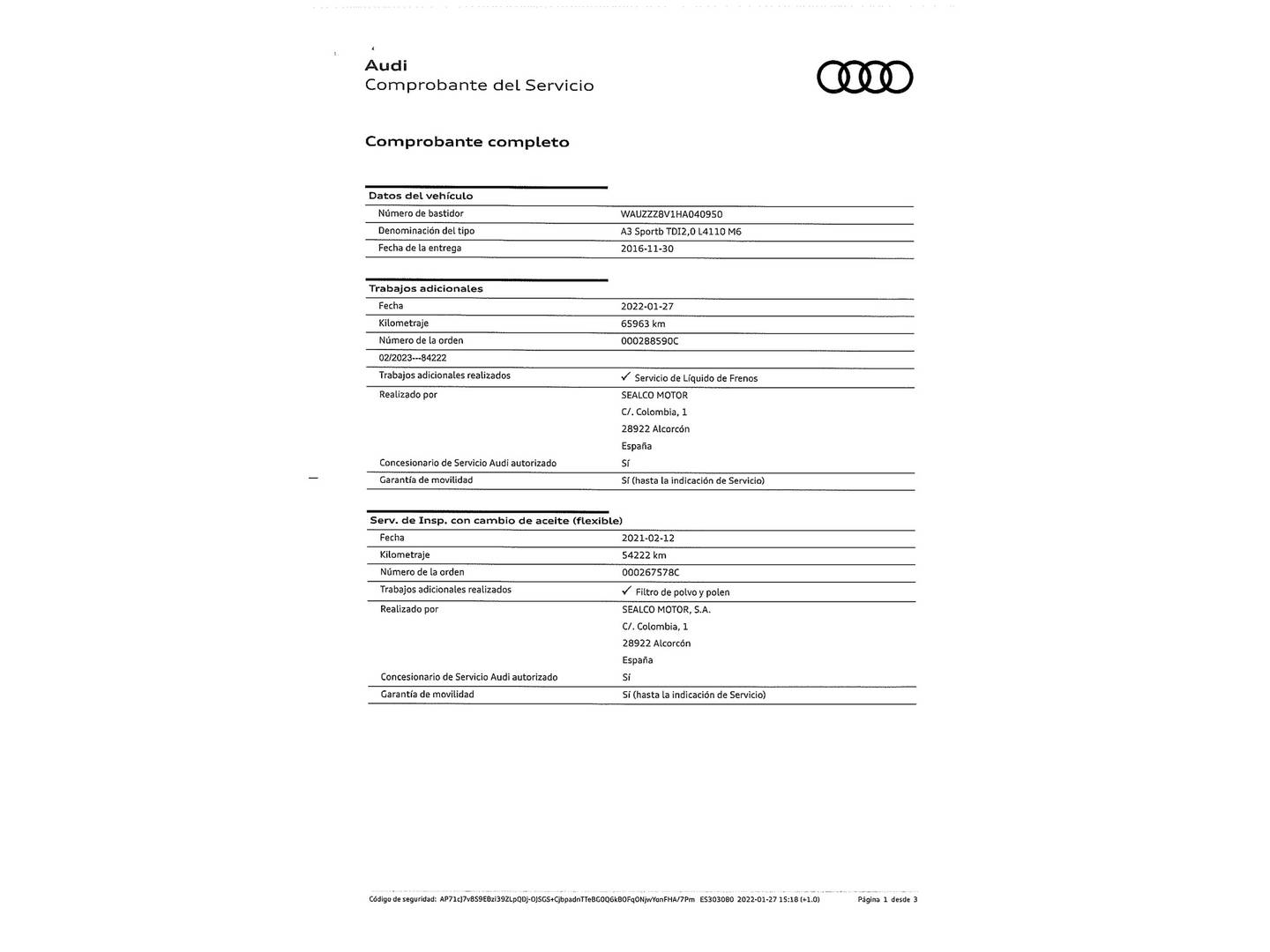 Foto del mantenimiento del Audi A3 Audi A3 Sportback sport edition 2.0 TDI (150 CV)