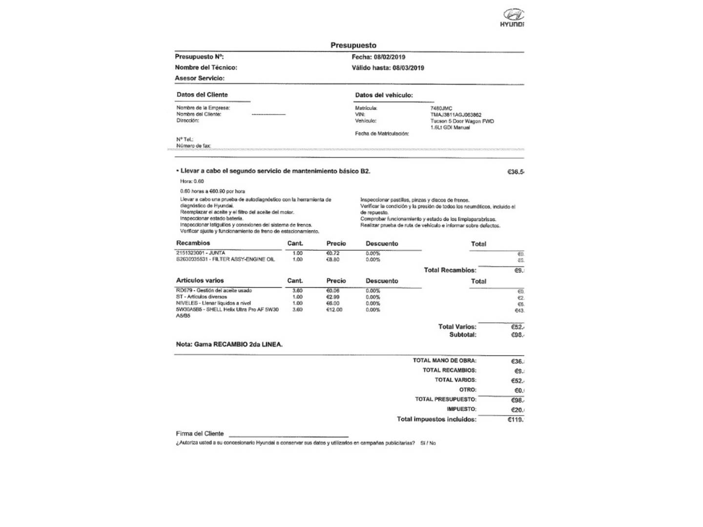 Foto del mantenimiento del Hyundai Tucson Hyundai Tucson 1.6 GDI BlueDrive Tecno 4x2  (131 CV)