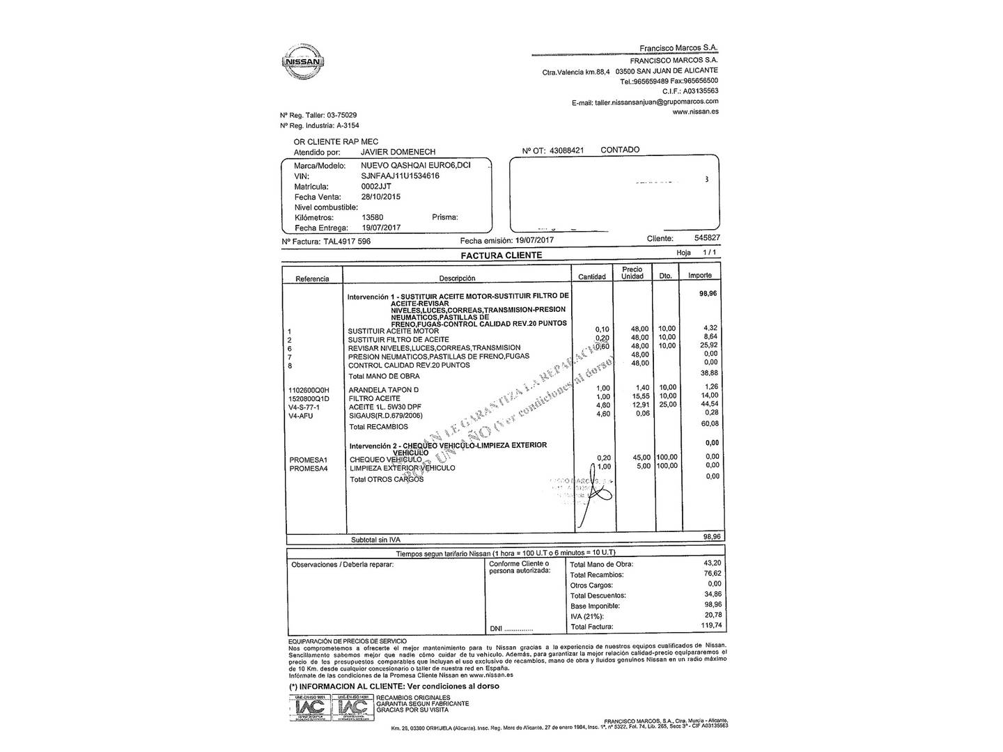 Foto del mantenimiento del Nissan QASHQAI Nissan Qashqai 1.5 dCi 360 4x2 (110 CV)