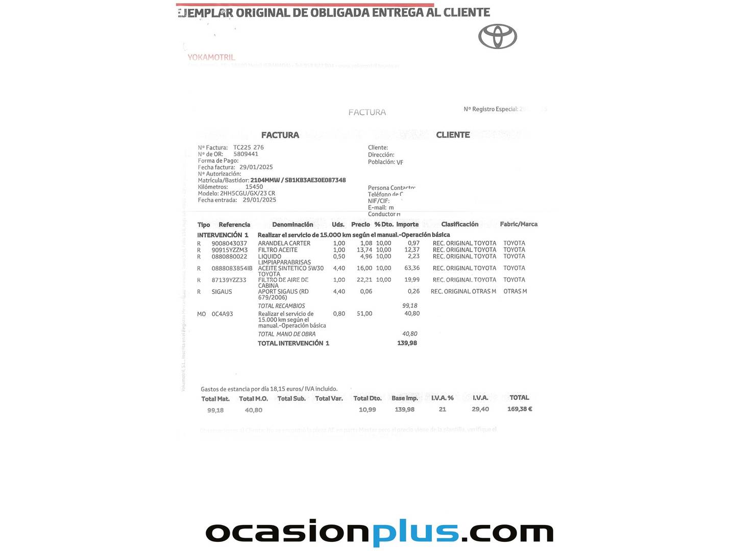 Foto del mantenimiento del Toyota Corolla Toyota Corolla 140H Style Edition (140 CV)