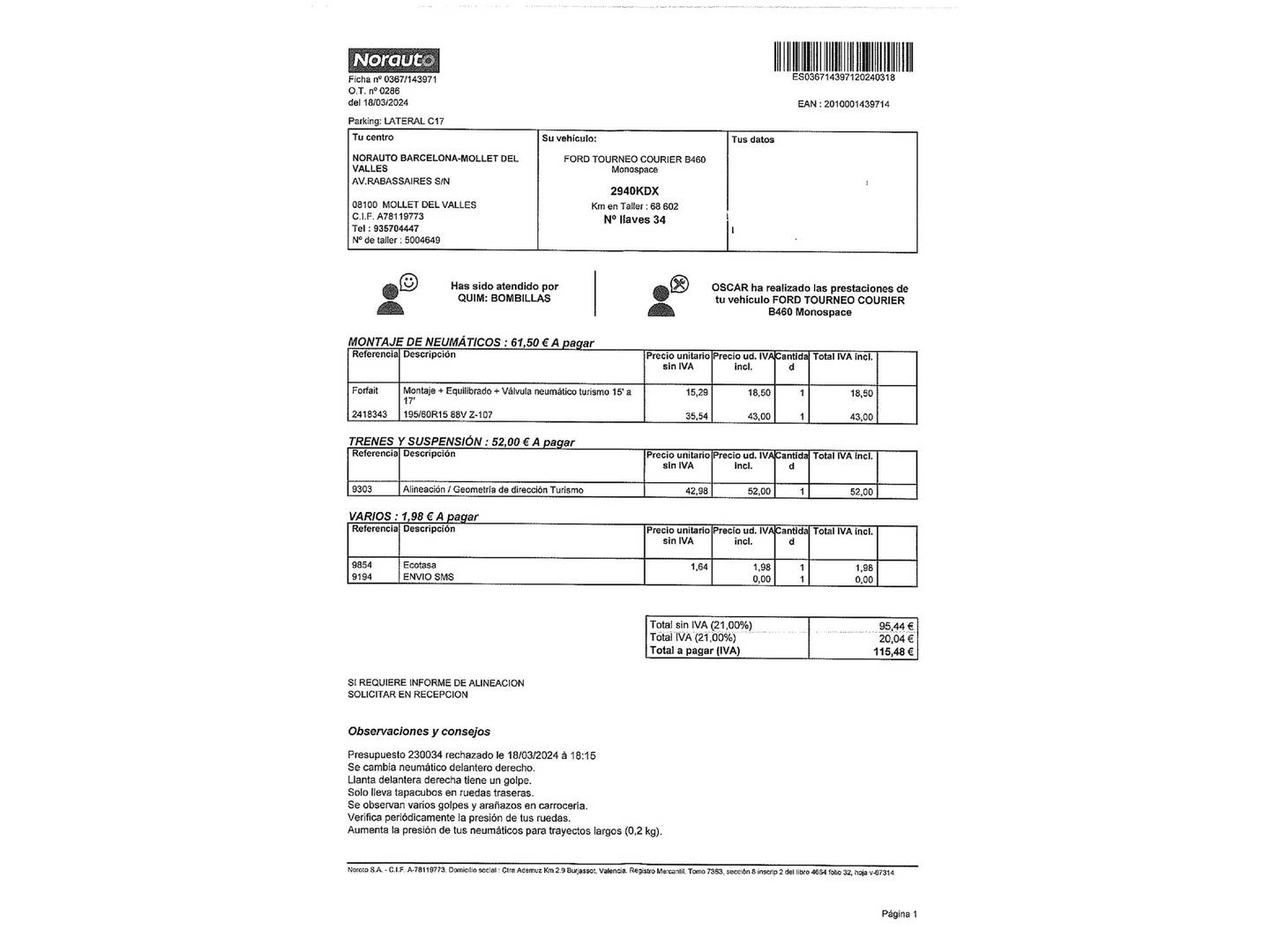 Foto del mantenimiento del Ford Tourneo Courier Ford Tourneo Courier 1.0 EcoBoost Ambiente (100 CV)