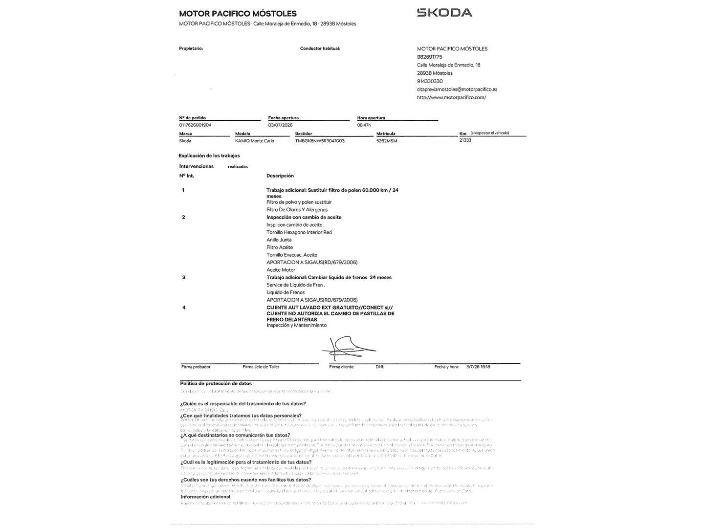 Foto del mantenimiento del Skoda Kamiq Skoda Kamiq 1.5 TSI Montecarlo DSG (150 CV)
