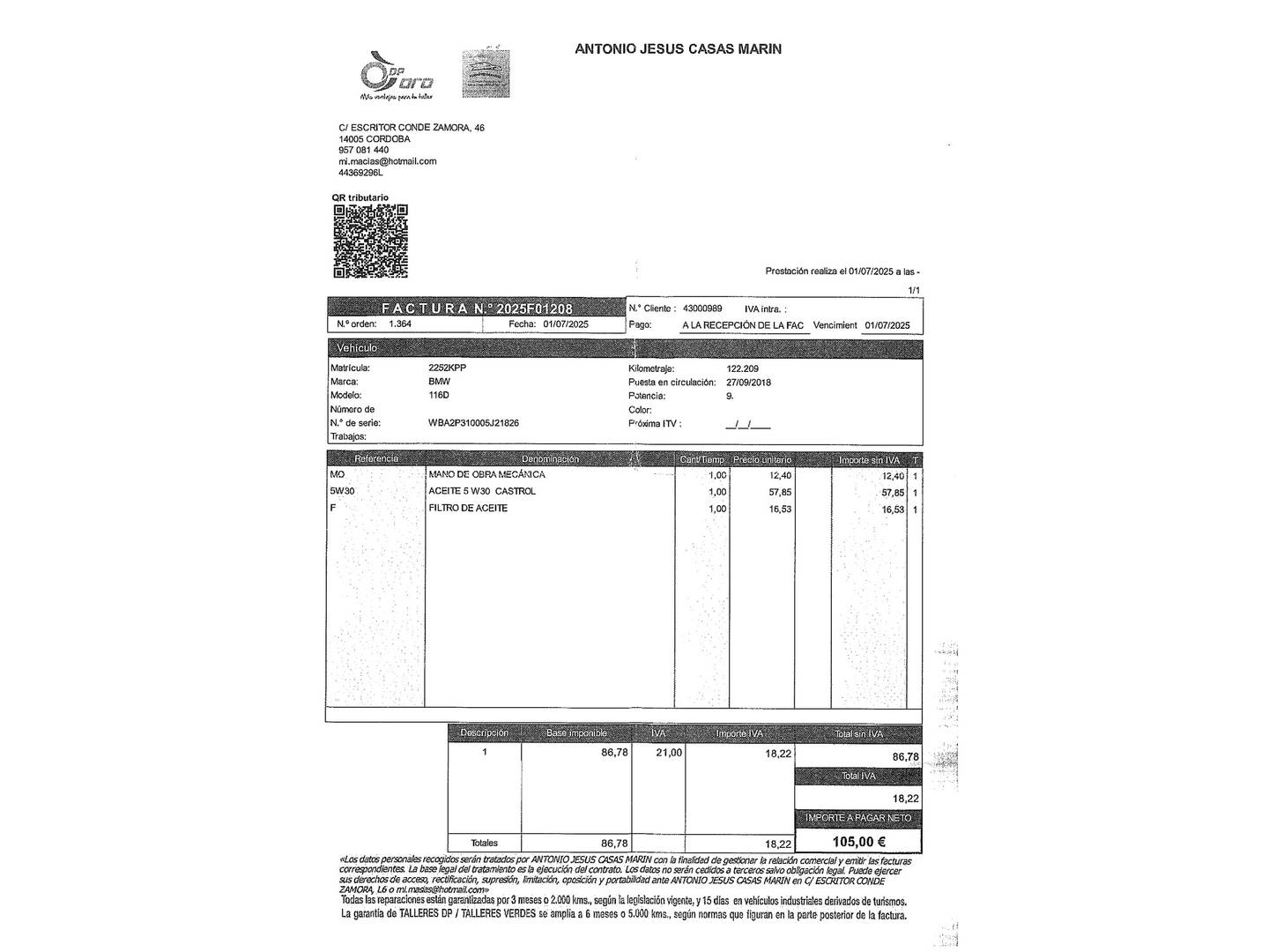 Foto del mantenimiento del BMW Serie 1 BMW Serie 1 116d (116 CV) Pack M
