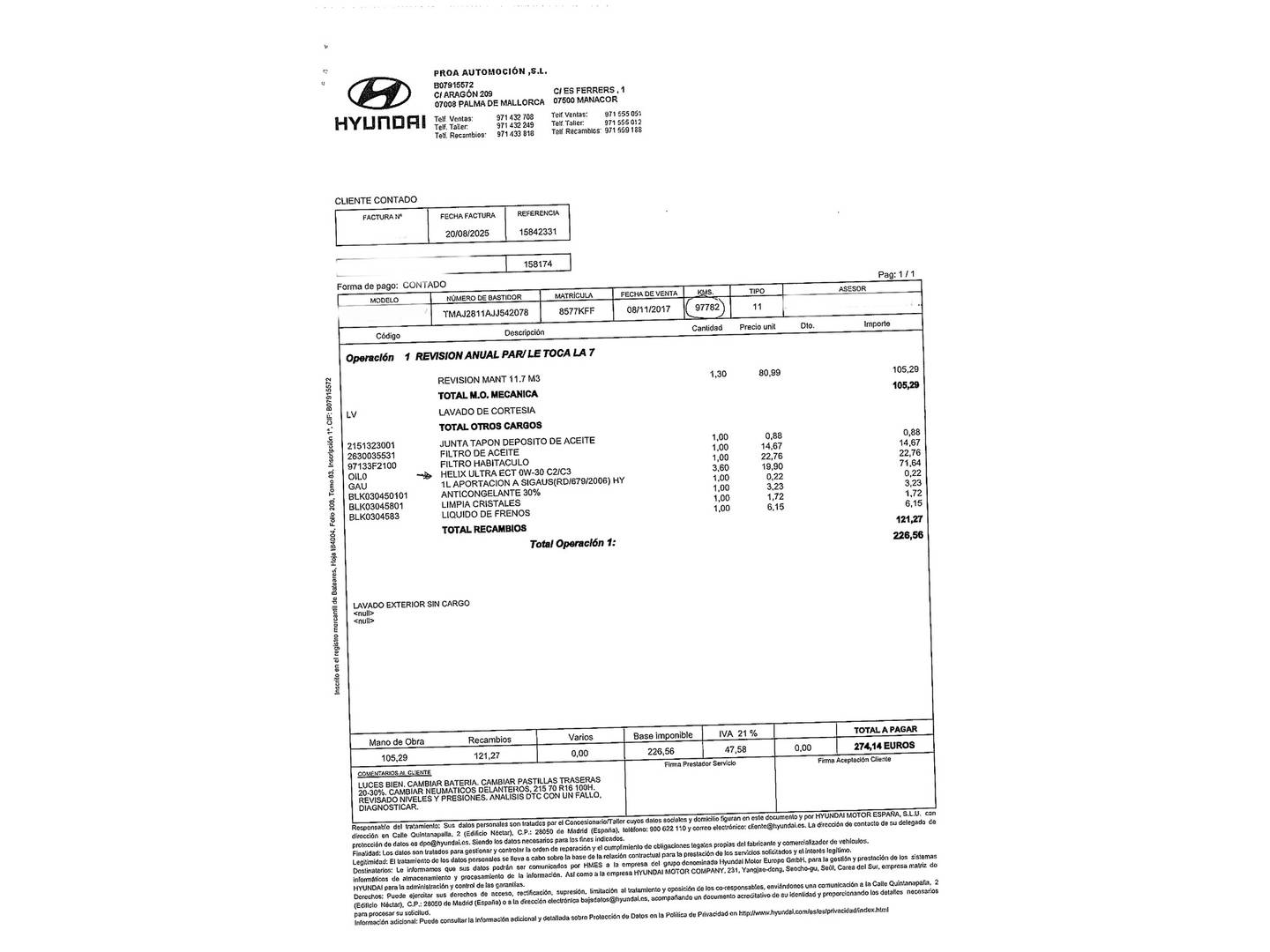 Foto del mantenimiento del Hyundai Tucson Hyundai Tucson 1.6 GDI BlueDrive Essence 4x2 (131 CV)
