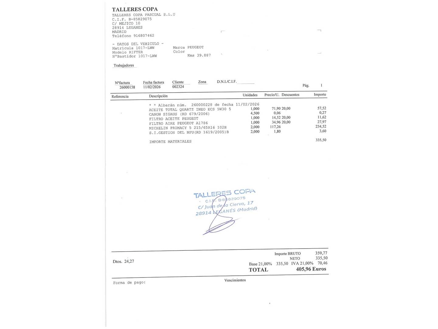 Foto del mantenimiento del Peugeot Rifter Peugeot Rifter PureTech 130 Allure Pack Standard EAT8 (130 CV)