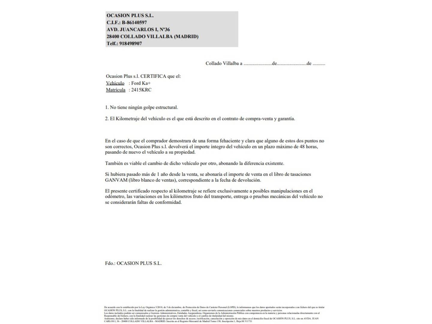 Foto del certificado del Ford Ka+ Ford Ka+ 1.2 Ti-VCT Ultimate (85 CV)