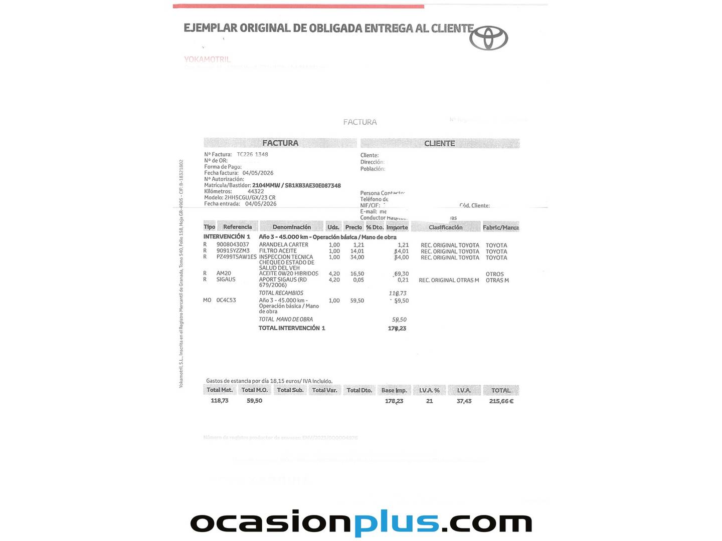 Foto del mantenimiento del Toyota Corolla Toyota Corolla 140H Style Edition (140 CV)