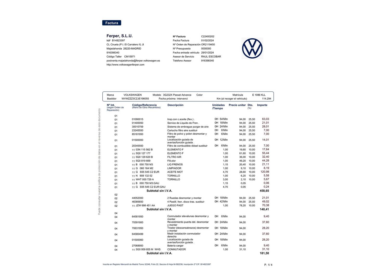 Foto del mantenimiento del Volkswagen Passat Volkswagen Passat Advance 1.6 TDI (120 CV)