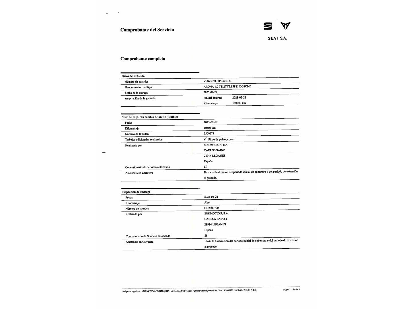 Foto del mantenimiento del Seat Arona Seat Arona 1.0 TSI Style XM Edition (110 CV)