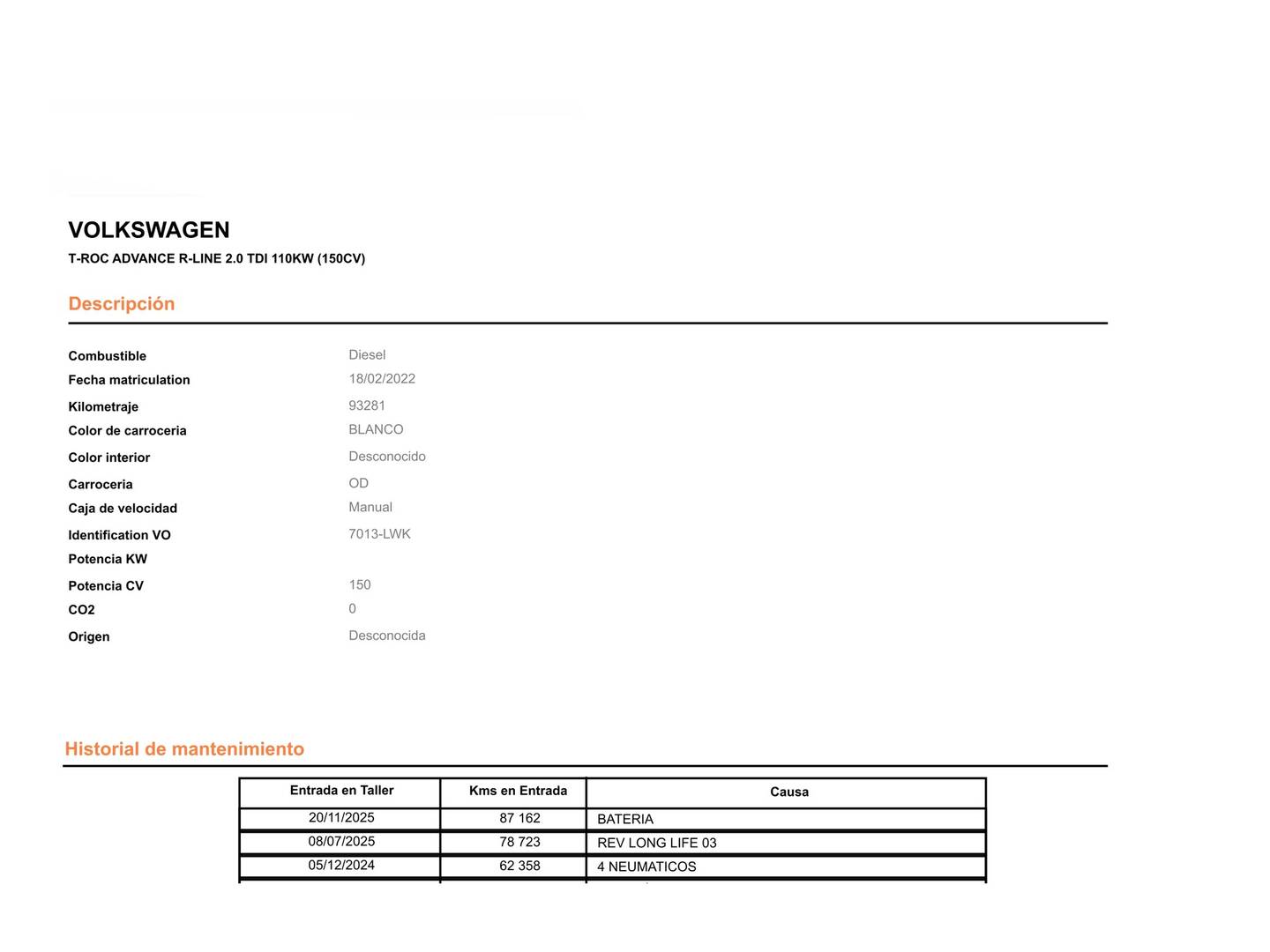 Foto del mantenimiento del Volkswagen T-Roc Volkswagen T-Roc Advance R-Line 2.0 TDI (150 CV) DSG