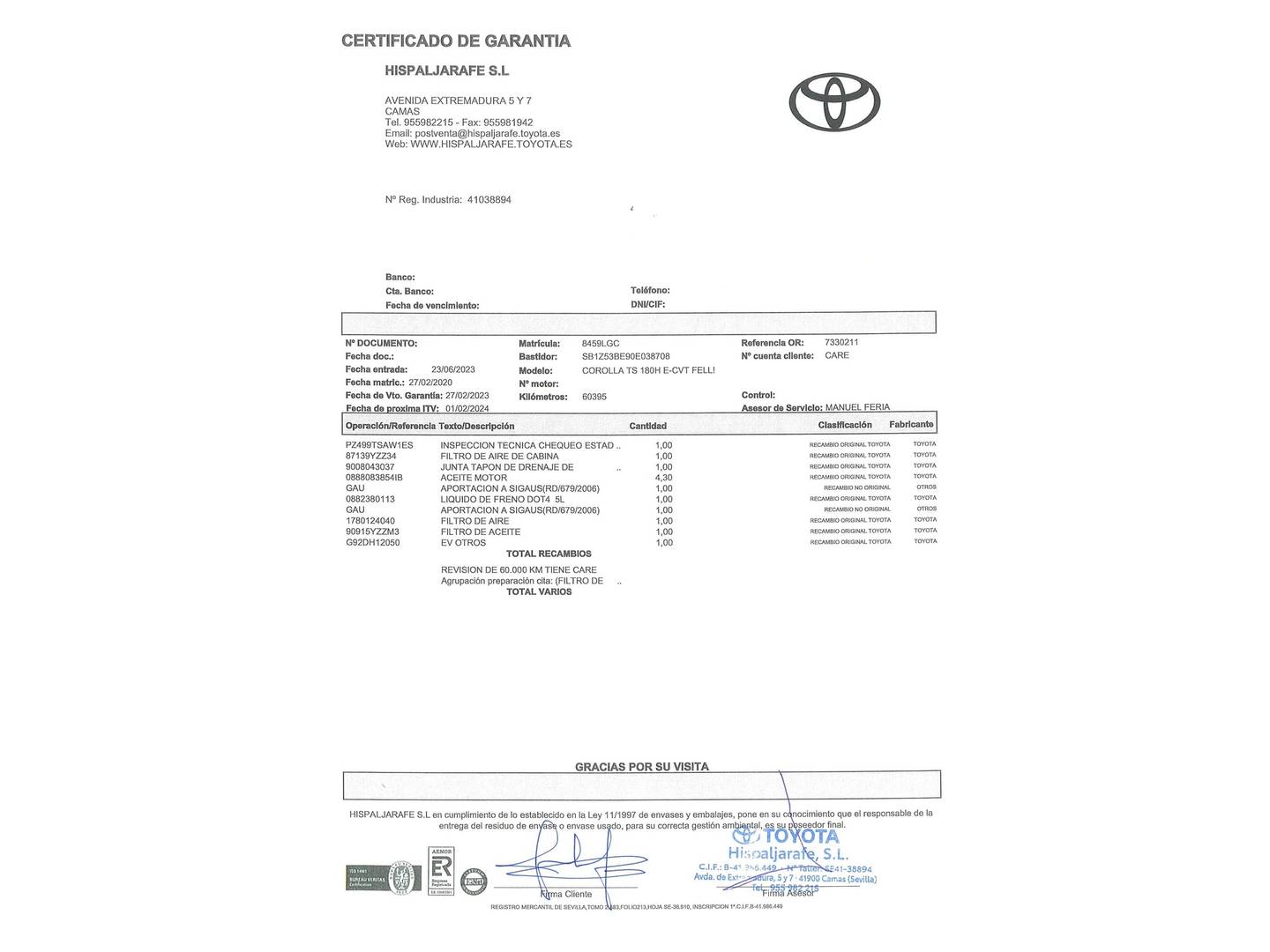 Foto del mantenimiento del Toyota Corolla Toyota Corolla Toyota 180H Feel! E-CVT (180 CV)
