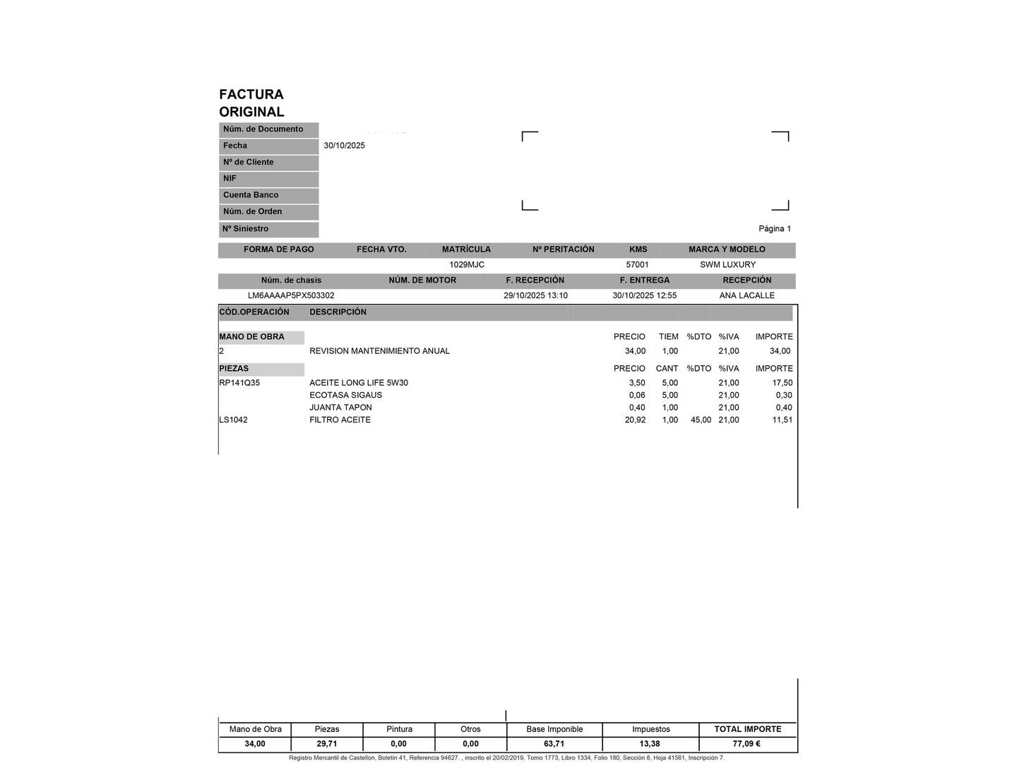Foto del mantenimiento del SWM G01 SWM G01 1.5T Luxury (131 CV)