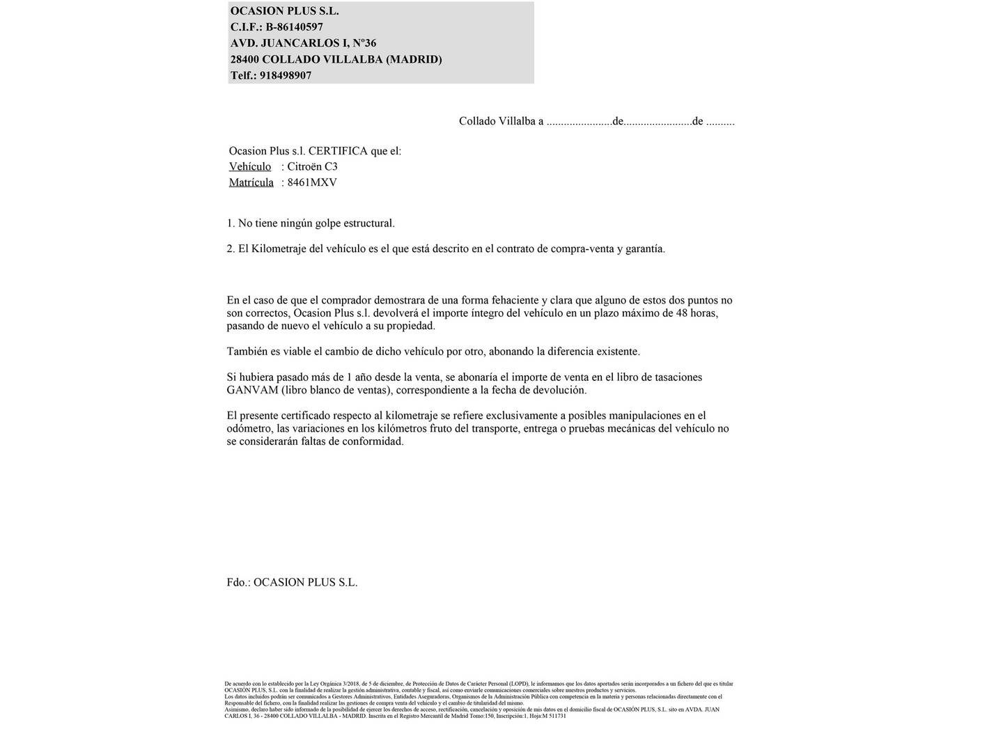 Foto del certificado del Citroën C3 Citroën C3 1.2 Turbo Max (100 CV)