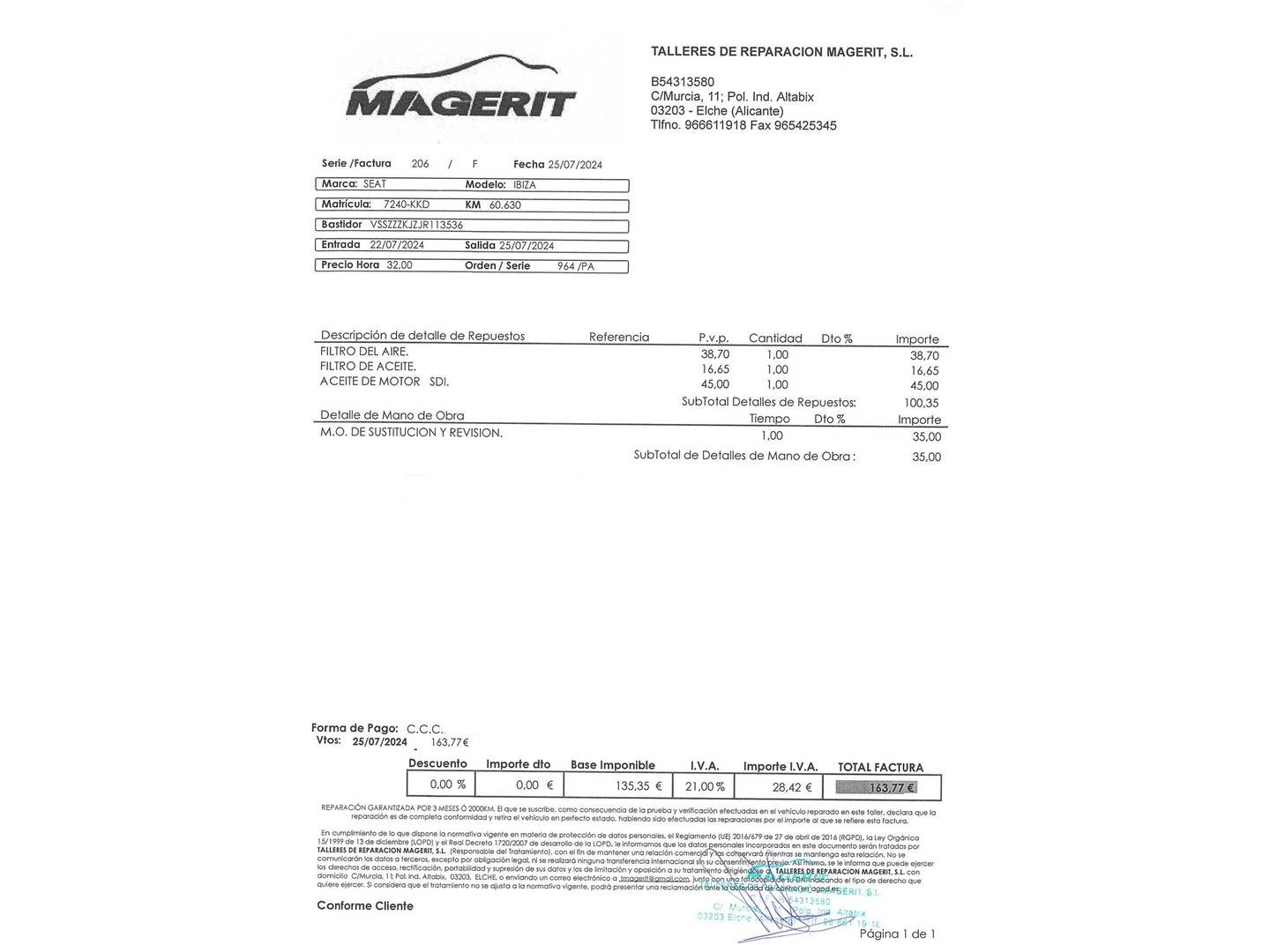 Foto del mantenimiento del Seat Ibiza Seat Ibiza 1.0 EcoTSI Xcellence S&S (95 CV)