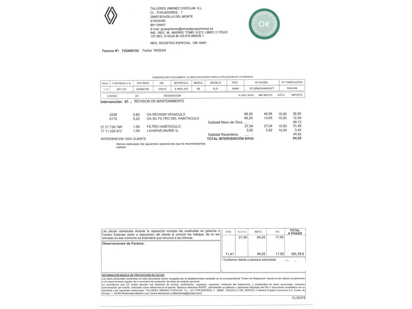 Foto del mantenimiento del Renault Clio Renault Clio Zen Energy TCe (90 CV)