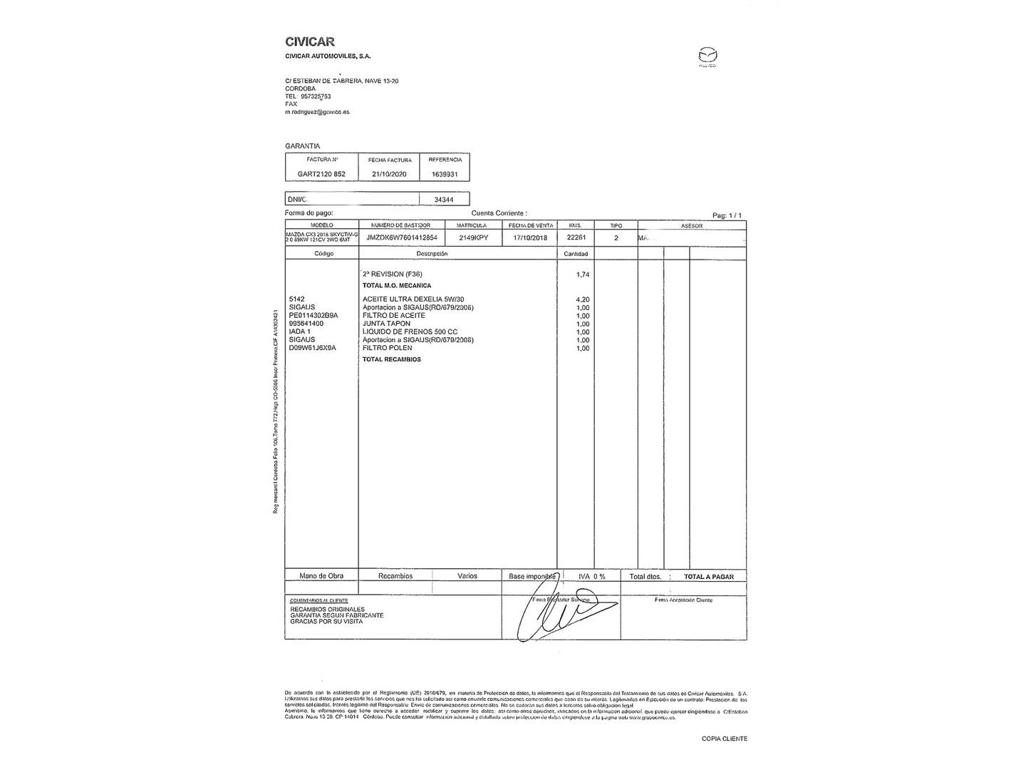 Foto del mantenimiento del Mazda CX-3 Mazda CX-3 2.0 G Zenith 2WD (121 CV)